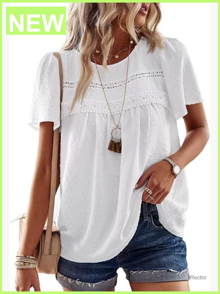 Women's Short Sleeve Crewneck Chiffon Blouse Lace Hem Tunic Top